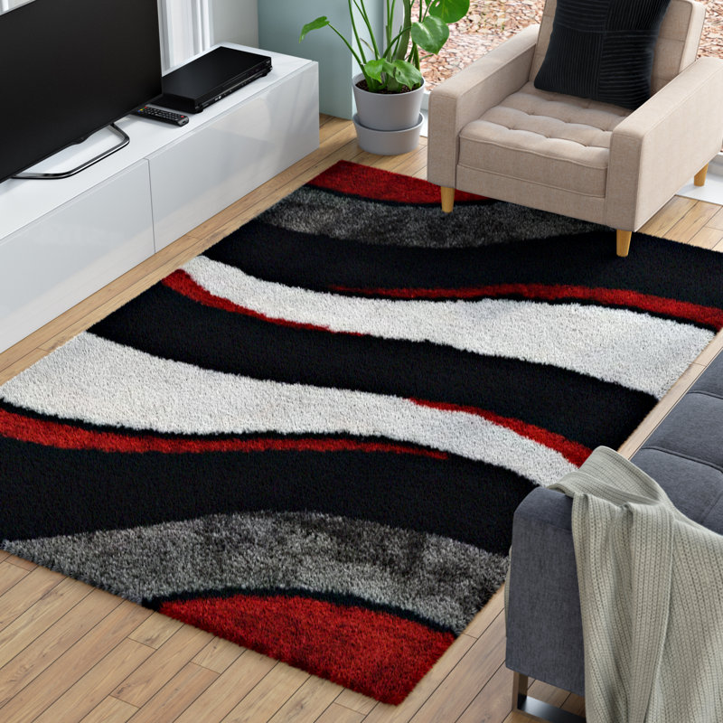 Orren Ellis Abia Abstract Handmade Tufted Black/Gray/Red Area Rug